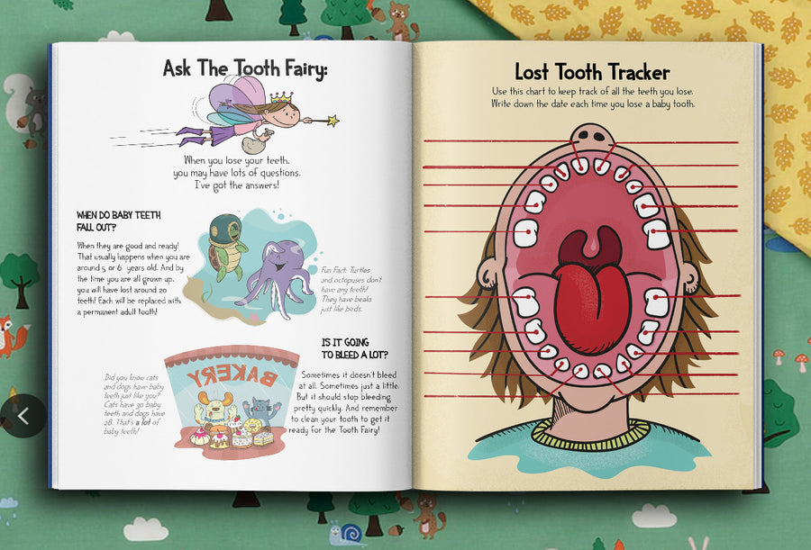 Open book with illustrations and text about the tooth fairy and lost teeth tracker on a colorful background.