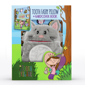 Gray cat tooth fairy pillow gift set with tooth fairy book