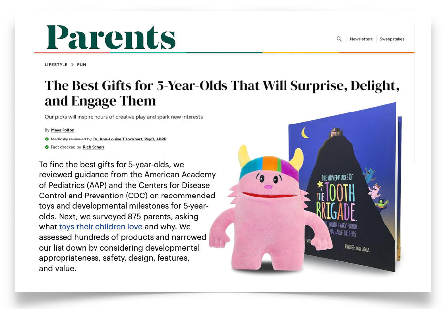 Article about the best gifts for 5-year-olds on a digital platform with a toy and book displayed.