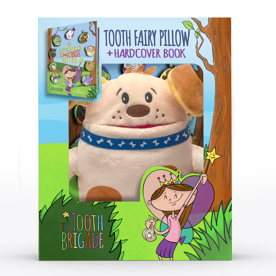 Yellow and tan tooth fairy pillow dog gift set with tooth fairy book