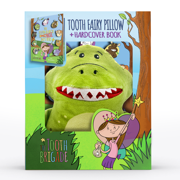 green dinosaur tooth fairy pillow gift set with tooth fairy book