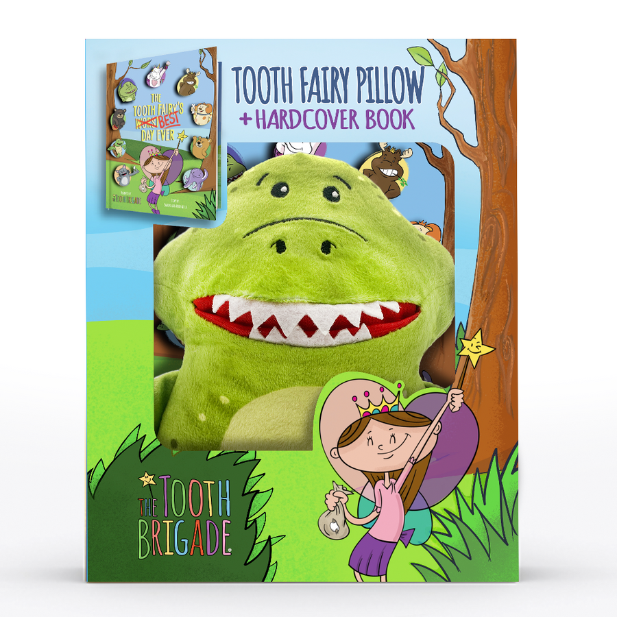 green dinosaur tooth fairy pillow gift set with tooth fairy book