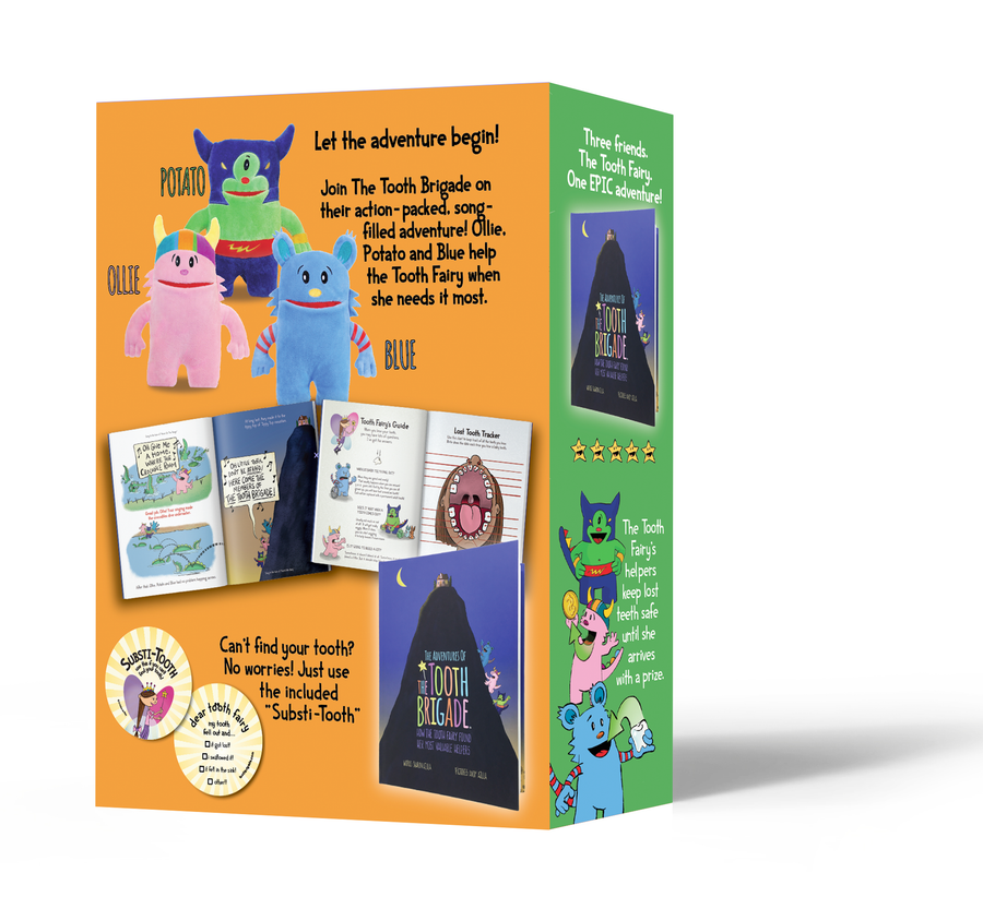 back of gift box with Ollie tooth pillow in gift box with book