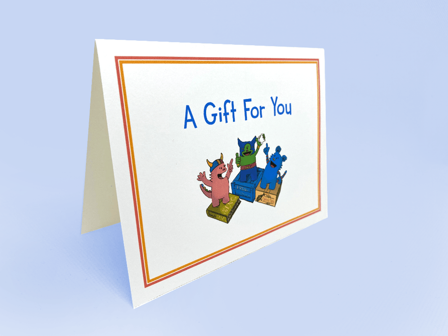 Greeting card with cartoon characters and 'A Gift For You' text on a light blue background