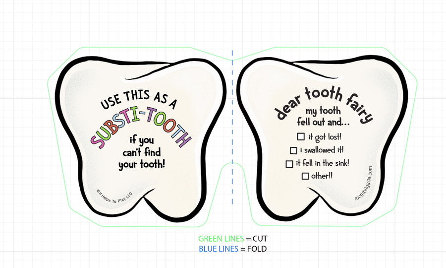 Two tooth-shaped cutouts with text for a substitute tooth and information for the tooth fairy on a white background.
