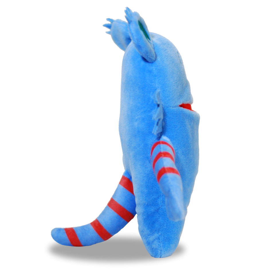 side view of blue tooth fairy pillow monster